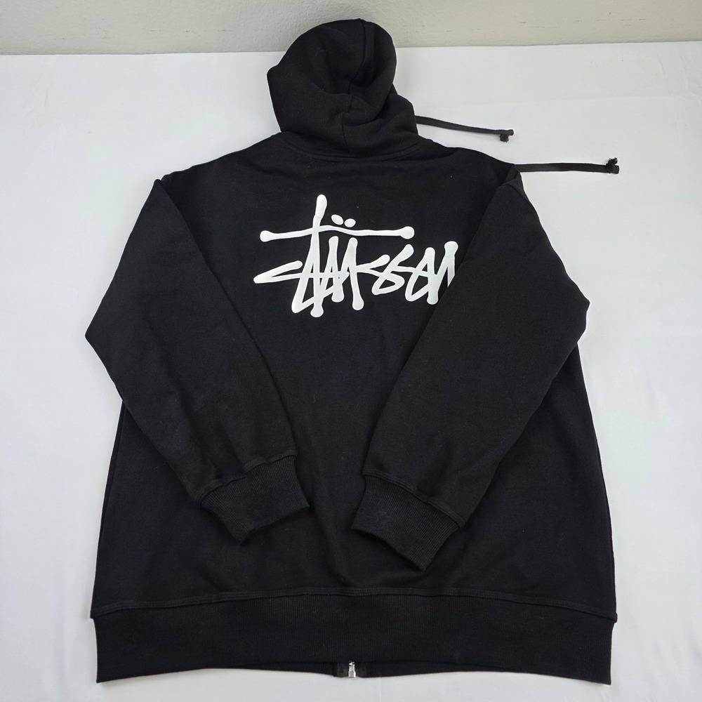 Stussy Hoodie Mens Large Black Full Zip Logo Back Graphic Fleece Sweatshirt - Picture 14 of 16